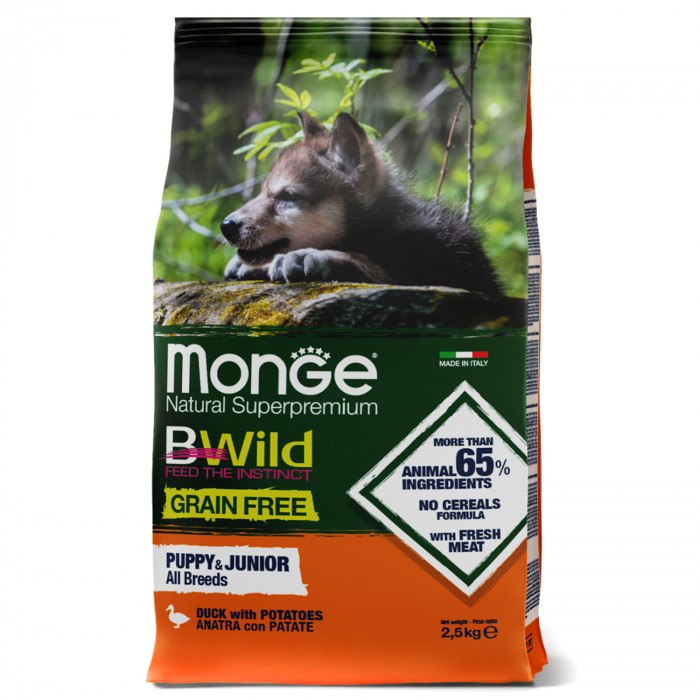 Monge Bwild Dog Grain Free Puppy&Junior беззерновой корм для щенков всех пород (Утка, 2,5 кг.)