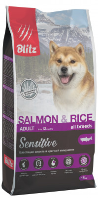 Blitz Sensitive Adult сухой корм для взрослых собак всех пород (Лосось и рис, 15 кг.)