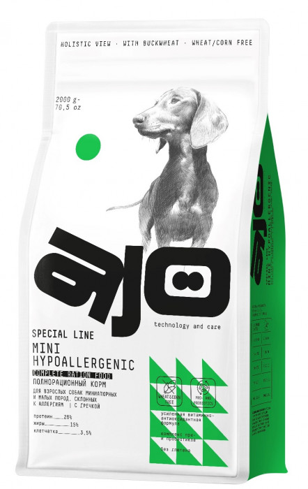 AJO Mini Hypoallergenic полнорационный корм для взрослых собак склонных к аллергиям (Индейка, 2 кг.)