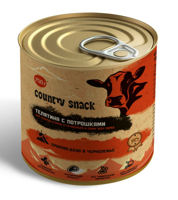 Country snack консервы для щенков и собак всех пород (Телятина и потрошки, 750 г.)