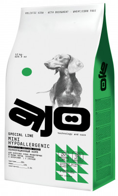 AJO Mini Hypoallergenic полнорационный корм для взрослых собак склонных к аллергиям (Индейка, 12 кг.)