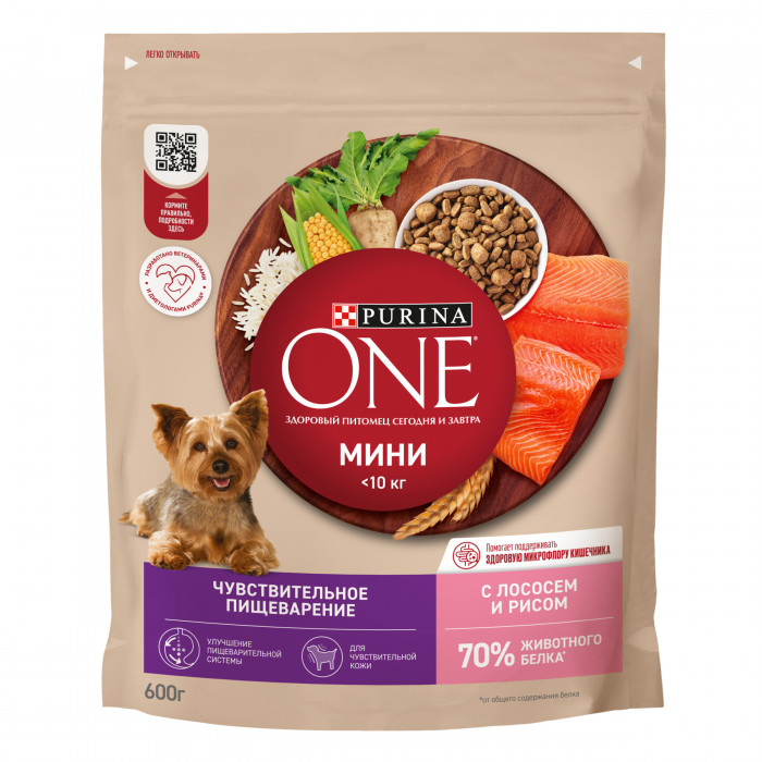 Purina One Мини "Чувствительная" для взрослых собак мелких пород с чувствительным пищеварением (Лосось, 600 г.)