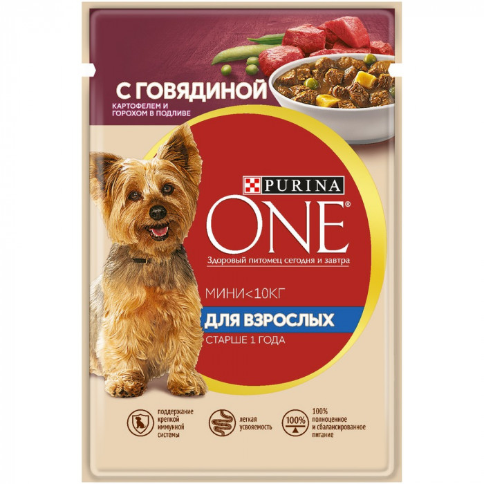 Purina One Мини пауч для собак мелких пород старше 1 года (кусочки в подливе) (Говядина, 85 г.)