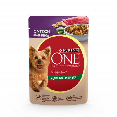 Purina One Мини пауч для активных взрослых собак мелких и карликовых пород (кусочки в подливе) (Утка, 85 г.)