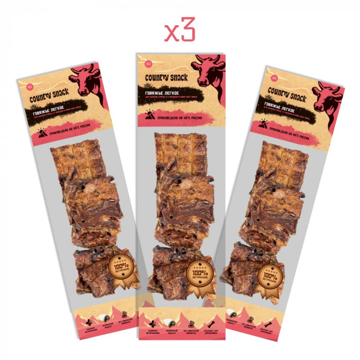 Country snack лакомство "Говяжье легкое" для собак (3 упаковки по 40 г.)
