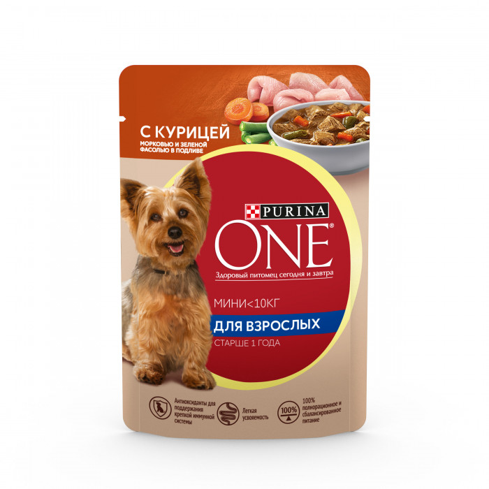 Purina One Мини пауч для собак мелких пород старше 1 года (кусочки в подливе) (Курица, 85 г.)
