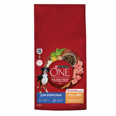 Purina One корм для взрослых собак средних и крупных пород (Курица и рис, 10 кг.)