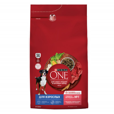 Purina One корм для взрослых собак средних и крупных пород (Говядина и рис, 3,8 кг.)