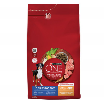 Purina One корм для взрослых собак средних и крупных пород (Курица и рис, 3,8 кг.)