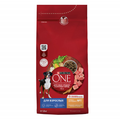 Purina One корм для взрослых собак средних и крупных пород (Курица и рис, 1,8 кг.)