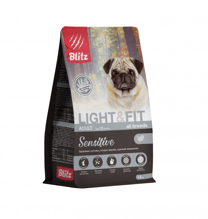 Blitz Sensitive Adult Light & Fit сухой корм для взрослых собак всех пород с лишним весом (Индейка, 1,8 кг.)