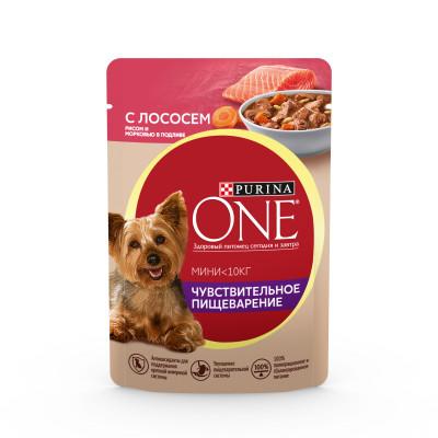 Purina One Мини Чувствительное пищеварение пауч для собак мелких пород (кусочки в подливе) (Лосось, 85 г.)