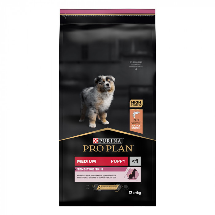 Pro Plan Medium Puppy Sensitive Skin корм для щенков средних пород с чувствительной кожей (Лосось, 12 кг.)