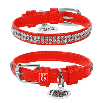 Collar ошейник кожаный Waudog Glamour "Полотно стразы" (18-21 см., Красный)