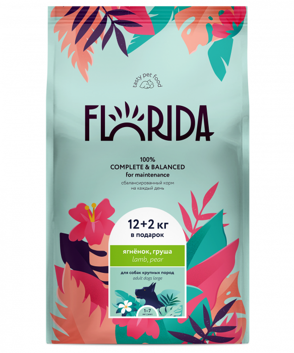 Florida сухой корм для взрослых собак крупных пород (Ягненок и груша, 12 + 2 кг.)