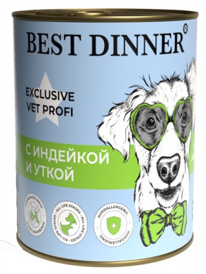 Best Dinner Vet Profi Hypoallergenic консервы для собак профилактика пищевой аллергии (Индейка и утка, 340 г.)