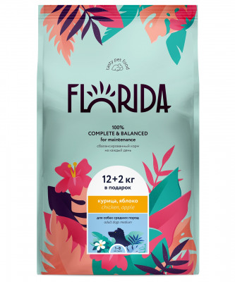Florida сухой корм для взрослых собак средних пород (Курица и яблоко, 12 + 2 кг.)