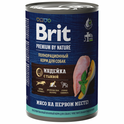 Brit Premium by Nature консервы для взрослых собак всех пород с чувствительным пищеварением (Индейка с тыквой, 410 г.)