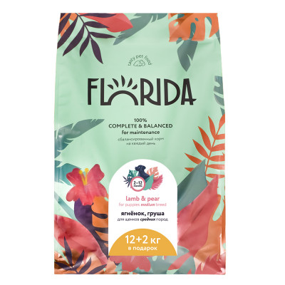 Florida сухой корм для щенков средних пород (Ягненок и груша, 12 + 2 кг.)