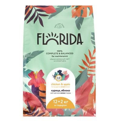 Florida сухой корм для щенков малых пород (Курица и яблоко, 12 + 2 кг.)