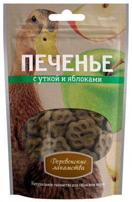 Деревенские лакомства "Печенье с уткой и яблоками" лакомство для собак (100 г.)