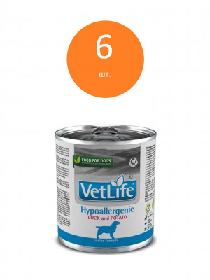 Vet Life Dog Hypoallergenic консервы для собак при пищевой аллергии и/или непереносимости (Утка и картофель, 300 г. упаковка 6 шт)