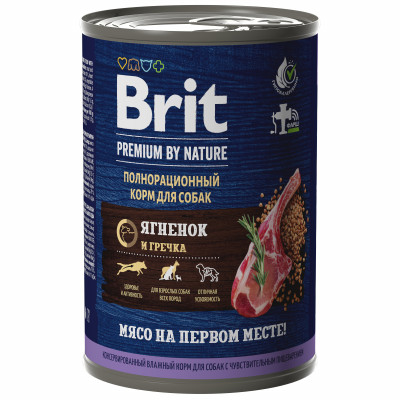 Brit Premium by Nature консервы для взрослых собак всех пород с чувствительным пищеварением (Ягненок и гречка, 410 г.)