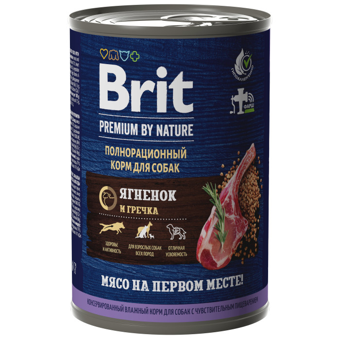 Brit Premium by Nature консервы для взрослых собак всех пород с чувствительным пищеварением (Ягненок и гречка, 410 г.)