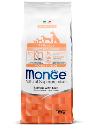 Monge Dog Monoprotein Puppy &amp; Junior корм для щенков всех пород (Лосось и рис, 12 кг.)