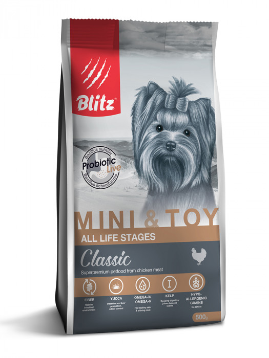 Blitz Classic Adult Mini & Toy сухой корм для взрослых собак мелких и миниатюрных пород (Курица, 500 г.)