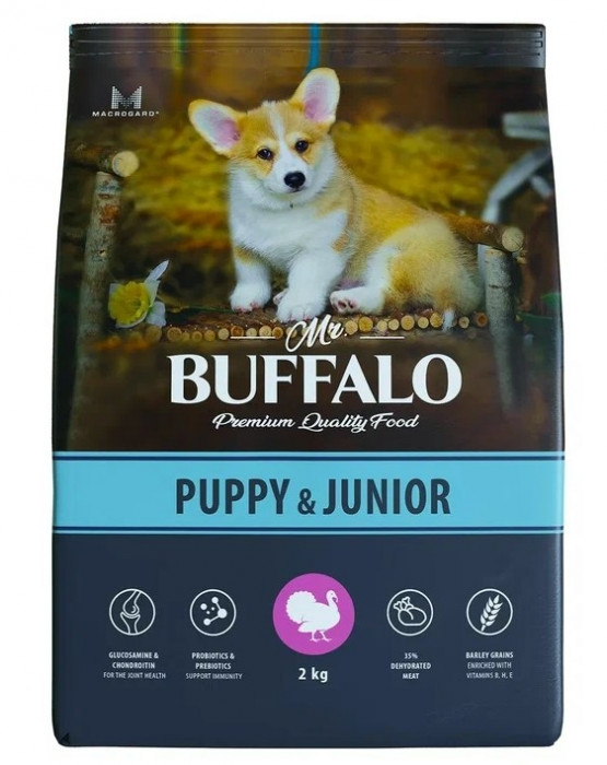 Mr.Buffalo Puppy & Junior сухой корм для щенков и юниоров средних и крупных пород (Индейка, 2 кг.)