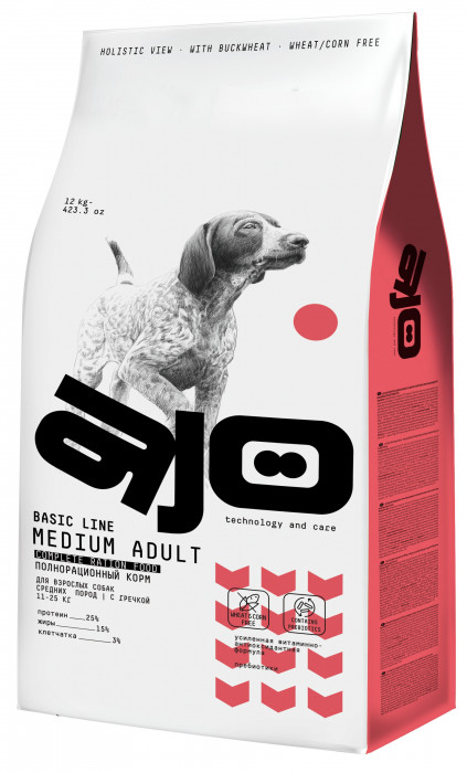 AJO Medium Adult полнорационный корм для взрослых собак средних пород (Говядина и оленина, 12 кг.)