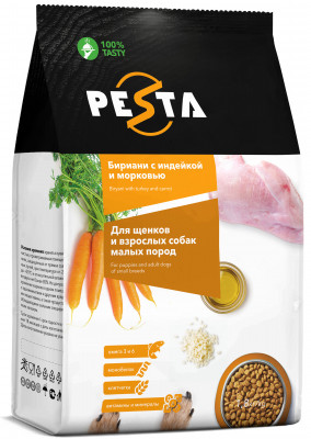 Pesta сухой корм "Бириани с индейкой и морковью" для щенков и взрослых собак малых пород (Индейка и морковь, 1,8 кг. упаковка 4 шт)
