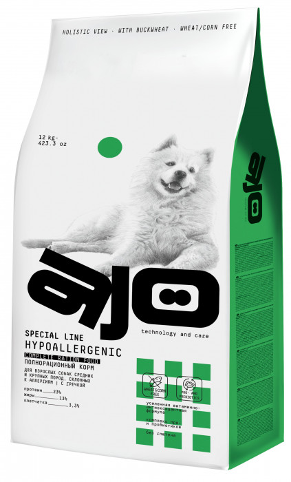AJO Hypoallergenic полнорационный корм для собак средних и крупных пород склонных к аллергии (Свинина и оленина, 12 кг.)