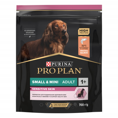 Pro Plan Small &amp; Mini Adult Sensitive Skin корм для взрослых собак мелких и карликовых пород (Лосось, 700 г.)