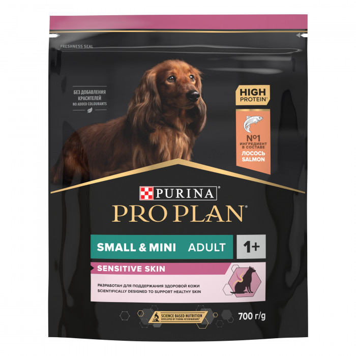 Pro Plan Small & Mini Adult Sensitive Skin корм для взрослых собак мелких и карликовых пород (Лосось, 700 г.)